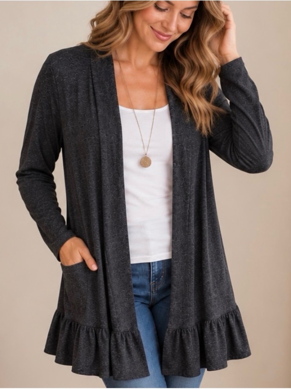 edista Women’s Dark Gray Ruffle Hem Open Cardigan Size M Soft Made in USA